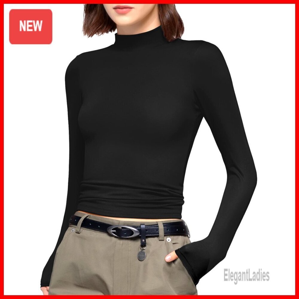 Long Sleeve Mock Turtleneck Slim Fit Tee Double Layer Fabric